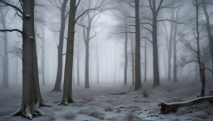 Snow-covered trees stand tall in a misty winter forest, casting long shadows on the icy ground