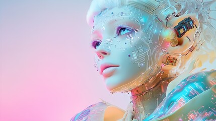 Futuristic Android Poster: Stunning Digital Figure with Glossy Face and White Hair in Sci-Fi Garment, Perfect for Enhancing Any Sporty Interior with a Touch of Modern Serenity