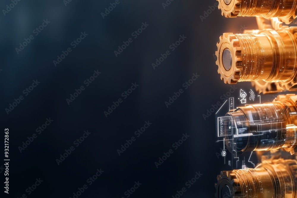 Poster high-tech mechanical components with intricate design and glowing elements, ideal for industry and t