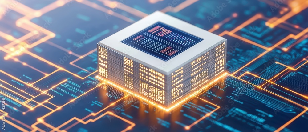 Poster high-tech microchip on a digital circuit board with glowing circuitry, symbolizing advanced technolo