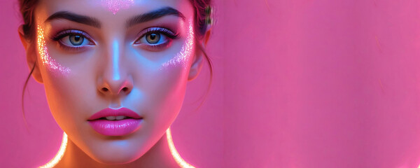Beautiful female young model with vibrant glow makeup, skin care concept