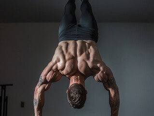 A muscular individual performing an impressive handstand, showcasing strength and fitness.