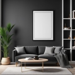white color poster frame close up view in modern house interior with dark colored walls, wall mockup, 3d rendering