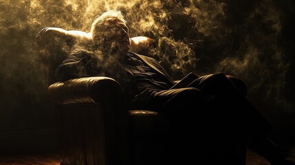 Elegant Smoking Gentlemen: A Distinctive Poster Perfect for Sports Interiors, Capturing Dramatic Light and Shadow in a Cozy Leather Armchair Setting