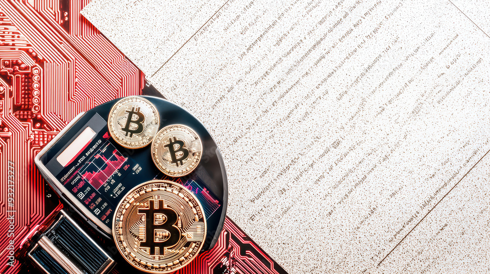 Poster modern cryptocurrency concept showcasing bitcoin on a smartphone with financial data and technology 