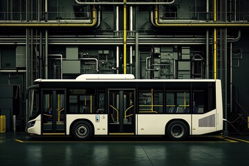 Modern bus parked in an industrial garage, featuring sleek lines and detailed architecture.