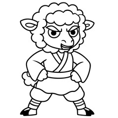 Angry Karate sheep White Background line art vector illustration