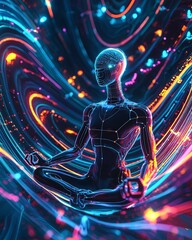 An elegant portrayal of an AI figure meditating amidst vibrant sound waves and cosmic light, creating a serene atmosphere. High resolution 8K