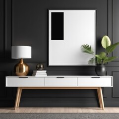 white color poster frame close up view in modern house interior with dark colored walls, wall mockup, 3d rendering