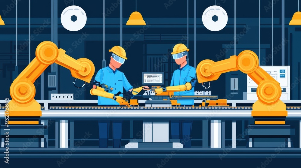 Poster two engineers working with robotic arms in a modern industrial setting, showcasing automation and te