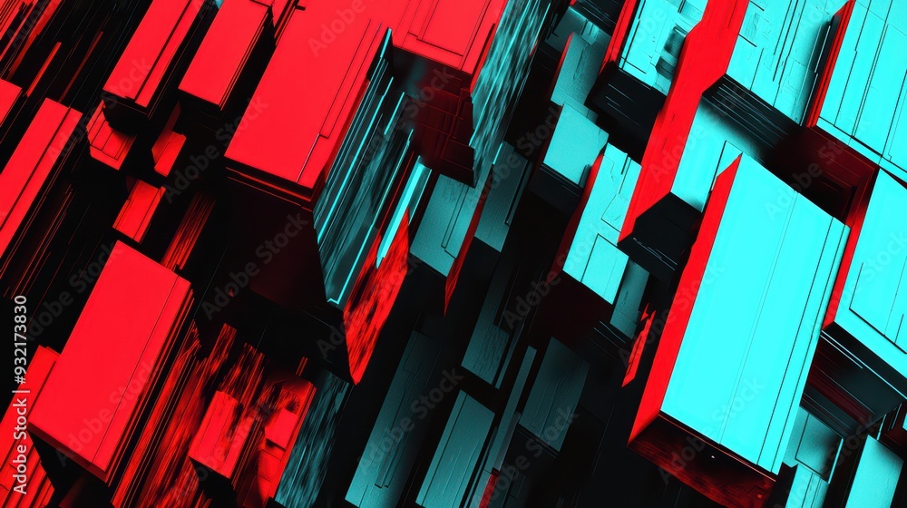 Poster vibrant 3d abstract design featuring dynamic geometric shapes in contrasting red and cyan colors, pe