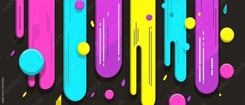Poster vibrant abstract pattern featuring colorful drips and circles on a dark background, perfect for mode