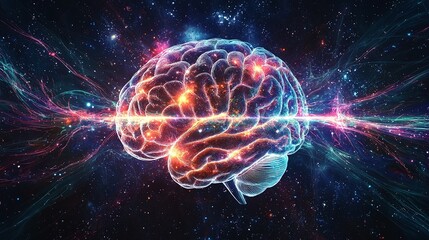 Fototapeta premium A high-resolution depiction of a brain with radiant sound waves and cosmic hues, highlighted by professional lighting and depth. High resolution 8K