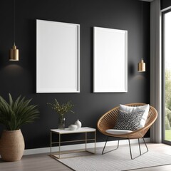 white color poster frame close up view in modern house interior with dark colored walls, wall mockup, 3d rendering