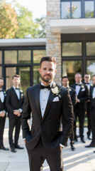 Fototapeta premium A groomsman stands confidently in a black tuxedo and bow tie surrounded by his fellow groomsmen at a wedding