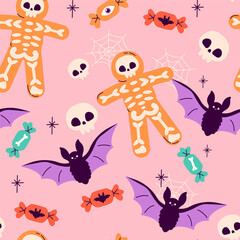 Seamless Halloween pattern with sweets, candies, skeleton. Happy Halloween, Halloween for kids. Vector illustration in flat style	
