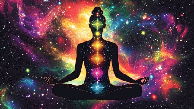 A captivating illustration of alpha waves stimulating chakra points in a meditative figure, set against a vibrant cosmic background. High resolution 8K