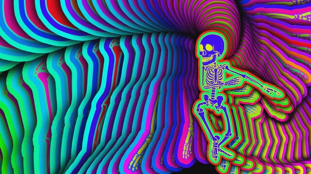 Seamless animation of a ballet dancing skeleton with echo effect. Funny halloween background with cartoon effect
