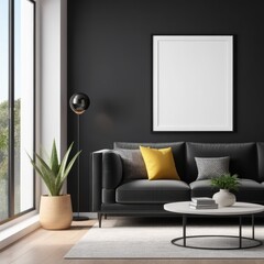 white color poster frame close up view in modern house interior with dark colored walls, wall mockup, 3d rendering