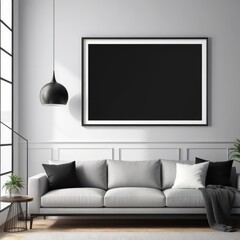 white color poster frame close up view in modern house interior with dark colored walls, wall mockup, 3d rendering