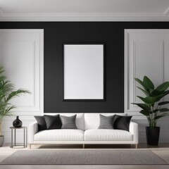 white color poster frame close up view in modern house interior with dark colored walls, wall mockup, 3d rendering