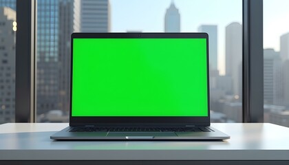 Laptop Green Screen Mockup, placed on a table. Skyscraper background, Laptop Mockup, Green Screen Laptop
