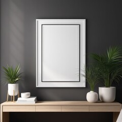 white color poster frame close up view in modern house interior with dark colored walls, wall mockup, 3d rendering