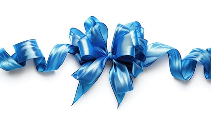 Blue holiday gift ribbon with a bow on a white background, isolated