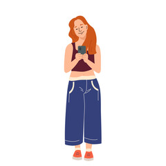 Young redhead woman using mobile phone. Student chatting with smartphone in hand. Girl strolling and surfing internet. Cellphone user. Flat vector illustration isolated on white