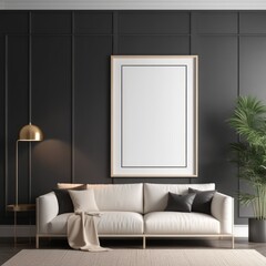 white color poster frame close up view in modern house interior with dark colored walls, wall mockup, 3d rendering