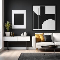white color poster frame close up view in modern house interior with dark colored walls, wall mockup, 3d rendering