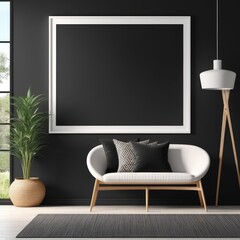 white color poster frame close up view in modern house interior with dark colored walls, wall mockup, 3d rendering