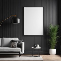white color poster frame close up view in modern house interior with dark colored walls, wall mockup, 3d rendering