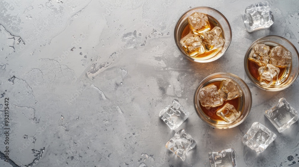 Sticker scotch on ice in two glasses on gray stone background with space for text