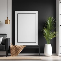 white color poster frame close up view in modern house interior with dark colored walls, wall mockup, 3d rendering