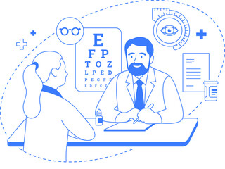 Doctor ophthalmologist with patient flat one color illustration. Optometrist consultation, vision exam and eyecare service. Line art infographic with icons isolated. Editable stroke. © Anastasiia Neibauer