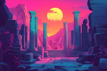 Ancient Ruins Under a Large Yellow Sun with Pink and Blue Hues