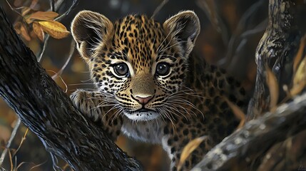 Fototapeta premium A curious leopard cub peeks from behind a tree branch, its large eyes filled with innocence and wonder.