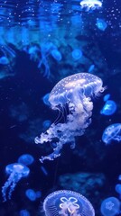 A vibrant deep water jellyfish gracefully swims in the blue ocean, surrounded by other jellyfish drifting nearby