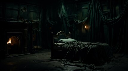 Dark and Dramatic Bedroom Interior with Fireplace and Candlelight