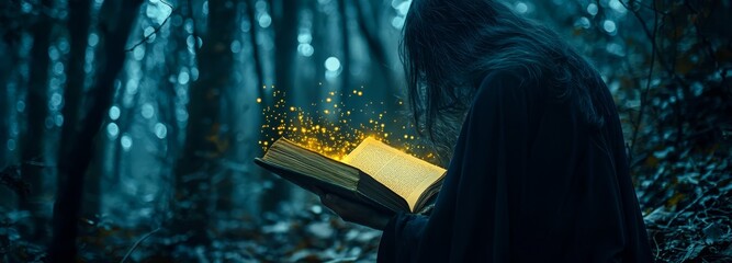 A witch dressed in dark robes is casting a spell from a glowing magic book in a dimly lit forest during Halloween night.
