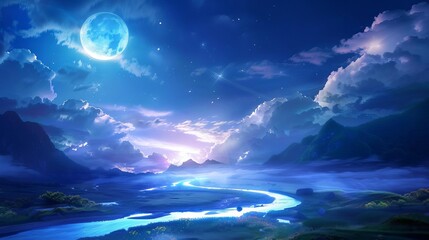 Flowing curve of a river glowing under a moonlit cloudy sky, vintage, muted tones, watercolor