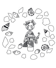 Fototapeta premium Illustration of kokeshi doll collecting shells after low tide or Shiohigari. Coloring page for kids.
