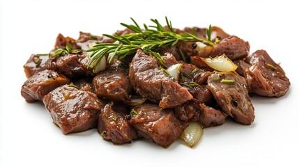 Appetizing pieces of fried meat with onions on a white background, isolated
