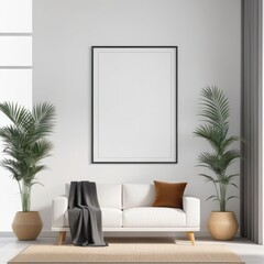 close up of mockup poster frame with modern minimalist interior background in bright white color, 3d rendering