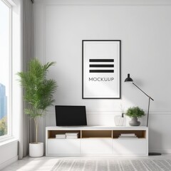close up of mockup poster frame with modern minimalist interior background in bright white color, 3d rendering