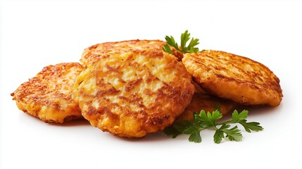 Appetizing fried potato pancakes on a white background, isolated