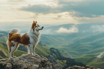 Majestic dog standing on mountain top overlooking hills