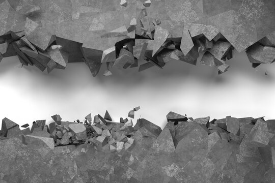 Horizontal strip of destroyed concrete wall. Cracks on cement wall. Concrete background. Lots of flying and falling concrete. Explosion of concrete background. 3d render.