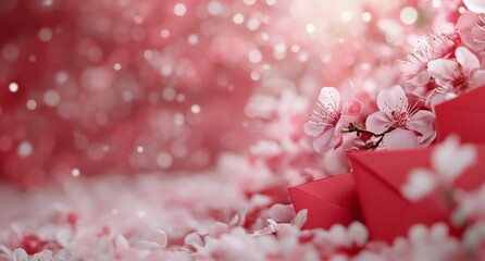 Cherry blossoms and red envelopes create a festive atmosphere during spring celebrations